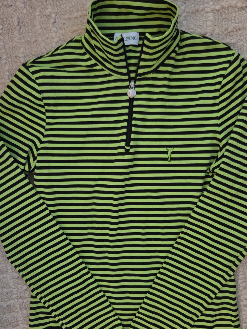Golfino Womens Neon Lime Green Black Striped Quarter Zip Pullover Size 6 Small